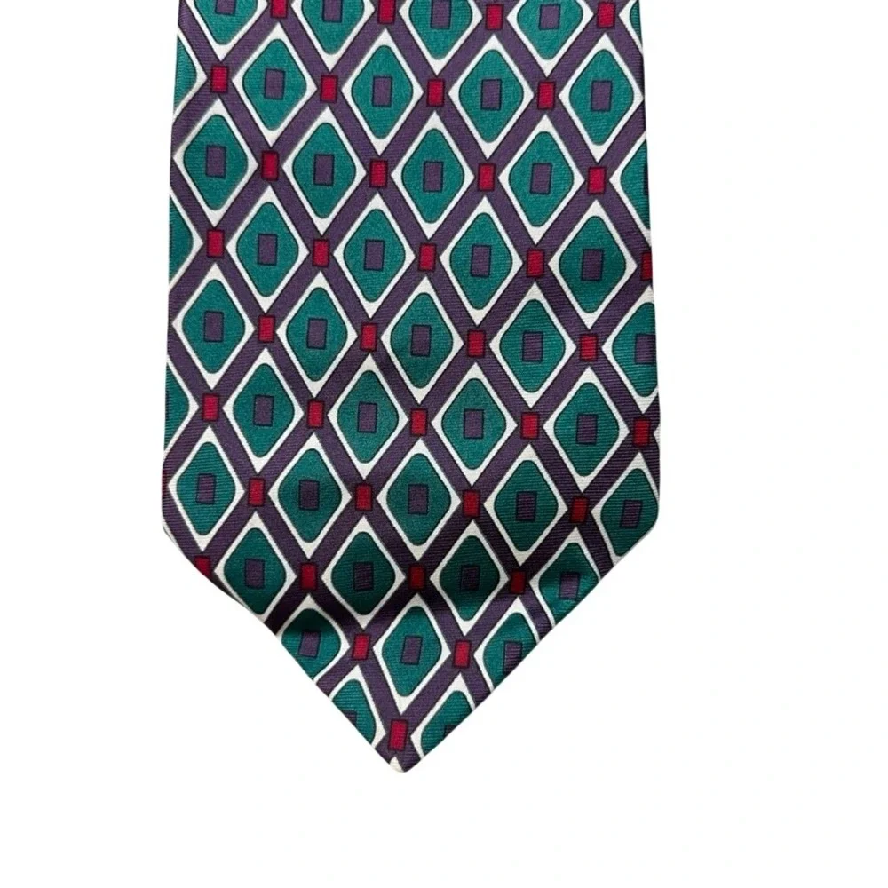 Vintage 100% Silk Geometric Diamond Necktie Teal Purple Burgundy Made in USA